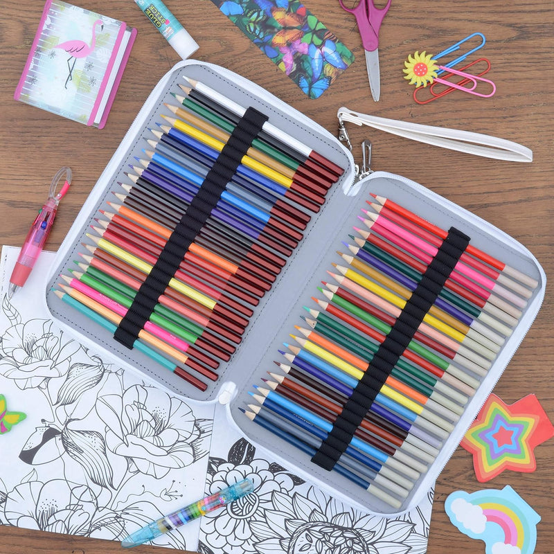 Colored Pencil Holder, Large Capacity 200 Pencil Case with Zippered Storage Compartments and Wristlet Handle, White PU Leather, Cute Boho Design, Organizer Box for Pens, Markers, Crayons, Brushes