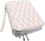 Colored Pencil Holder, Large Capacity 200 Pencil Case with Zippered Storage Compartments and Wristlet Handle, White PU Leather, Cute Boho Design, Organizer Box for Pens, Markers, Crayons, Brushes