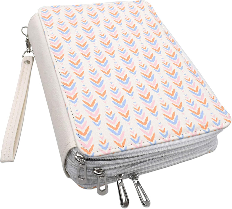 Colored Pencil Holder, Large Capacity 200 Pencil Case with Zippered Storage Compartments and Wristlet Handle, White PU Leather, Cute Boho Design, Organizer Box for Pens, Markers, Crayons, Brushes