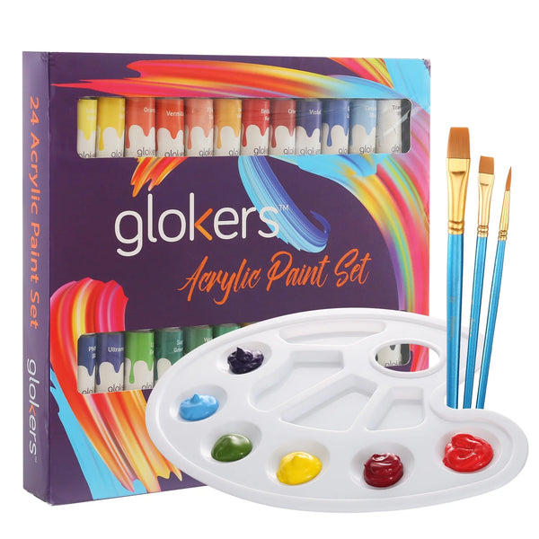 Acrylic Paint Set, 24 Color Craft Paint, with 3 Paint Brushes and Paint Palette