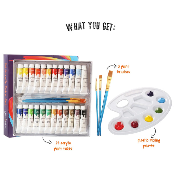 Acrylic Paint Set, 24 Color Craft Paint, with 3 Paint Brushes and Paint Palette